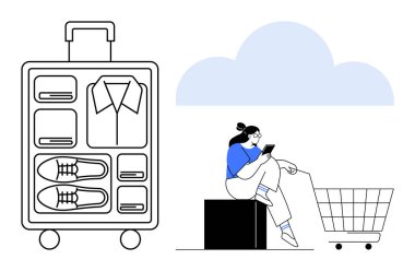 Giysileri ve tekerlekleri olan büyük bir bavul. Akıllı telefonunla boş alışveriş arabasının yanına oturan kişi. Çevrimiçi alışveriş, seyahat, organizasyon, kolaylık, modern yaşam tarzı için ideal