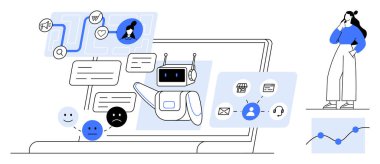 Dizüstü bilgisayardaki yapay zeka sohbet robotu çeşitli iletişim yöntemleriyle kullanıcı duygularıyla etkileşime geçiyor. Teknoloji, müşteri hizmetleri, duygusal zeka, yapay zeka, kullanıcı deneyimi, otomasyon, veri