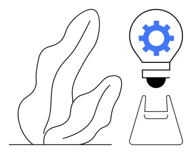 Zarfın üstünde dişli sembolü olan ampul ve soyut bitki formu. Yenilik için ideal, teknoloji, iletişim, doğa, tasarım, çözümler, ilerleme. Mavi renkte minimal temiz tasarım