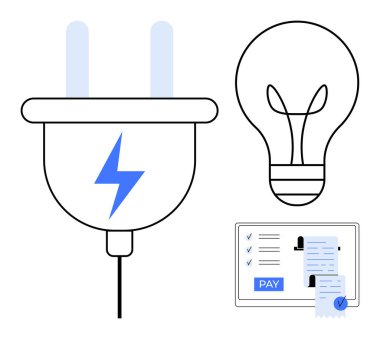 Yıldırımlı elektrik prizi, ampul ve Ödeme düğmeli dijital fatura. Enerji yönetimi için ideal, çevrimiçi ödeme, akıllı cihazlar, finansal teknoloji, sürdürülebilirlik, e-fatura
