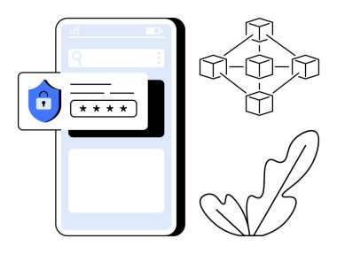 Güvenlik kilidi ve şifre kutusu olan cep telefonu, birbirine bağlı engelleme düğümleri ve soyut yaprak. Güvenlik, engelleme zinciri, teknoloji, mobil koruma, veri gizliliği, şifreleme için ideal