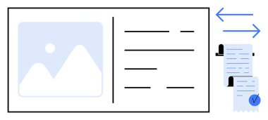 Bölünmüş bir düzeni gösteren basit bir tasarım. Sol taraf, dağlı ve güneşli bir görüntü tutucuyu ön plana çıkarıyor. Sağ tarafta metin satırları ve sağ tarafta belge transferini gösteren kaydırma simgeleri var
