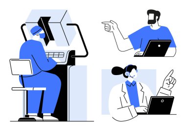 Makinede çalışan, dizüstü bilgisayarı olan profesyonel, dizüstü bilgisayarda müşteri temsilcisi. İş için ideal, takım çalışması, telekomünikasyon, çevrimiçi toplantılar, sanal öğrenme, uzaktan yardım teknolojisi