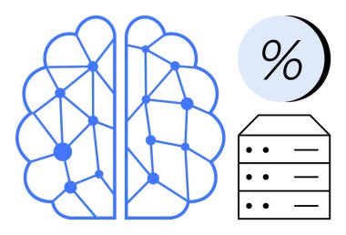 Birbirine bağlı düğümlere, yüzde sembollerine ve veritabanı simgesine sahip soyut beyin. Veri analizi, yapay zeka, makine öğrenimi, istatistik, teknolojik yenilik, sinirsel ağlar ve veri yönetimi için ideal. Çizgi