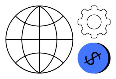 Küre, dişli ve dolar işareti dünya çapındaki bağlantı, teknoloji ve finans sektörünü temsil ediyor. Küreselleşme için ideal, ekonomik büyüme, teknolojik yenilik, küresel iş finans stratejisi dijital