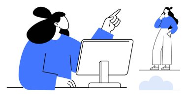 İki kadın, biri bilgisayar ekranını işaret ediyor, diğeri çenesi açık düşünüyor. Takım çalışması, beyin fırtınası, işbirliği, karar verme, iletişim, üretkenlik teknoloji endüstrisi için ideal