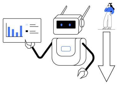 Çubuk grafikli veri tablosu tutan bir robot derin derin bakan bir kadın ve aşağıya bakan bir ok. Yapay zeka, otomasyon, veri analizi, teknoloji, gelecek kavramları, karar verme süreci için ideal