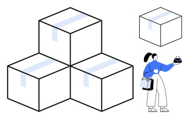 Elinde bir cihaz tutan, üç büyük kargo kutusunu inceleyen ve yöneten bir kadın. Lojistik, nakliye, ticari işlemler, ecommerce, envanter yönetimi, nakliye, dağıtım hizmetleri için ideal