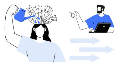 Kadının başını çiçeklerle sulaması yaratıcılığı beslediğini gösteriyor. Okları işaret eden dizüstü bilgisayarı olan bir adam yön veya rehberlik öneriyor. Büyüme zihniyeti ve yenilik için ideal