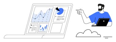Meslektaş, çizgi grafikleri, pasta grafikleri ve çubuk grafikleri de dahil olmak üzere çeşitli istatistikler içeren geniş bir dizüstü bilgisayarı işaret ediyor. Veri analizi, iş büyümesi, strateji ve verimlilik için ideal