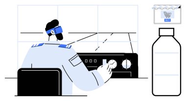 Pilot, havacılık kokpitinde VR kulaklığı kullanarak kontrolleri ayarlıyor. E-ticaret simgesi ve su şişesi de dahil. VR teknolojisi için ideal, modern havacılık, dijital navigasyon, e-ticaret, teknolojik yenilikler, online