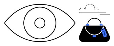 Merkezi göz simgesi, üzerinde fiyat etiketi olan el çantası, üstünde küçük bulut. Markalaşma, moda, görünürlük, alışveriş, tüketici davranışı farkındalığı yaratıcı tasarım için ideal. Basit soyut çizgi düz