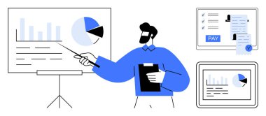 Bir sunum panosundaki profesyonel bar ve pasta grafikleri, mali tabloları ve tabloları ekranlarda sergilenen belgeler. Sunumlar, analitikler, kurumlar için ideal