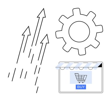 Alış-veriş düğmesi olan vites ve yukarı doğru oklar. Başlangıç için ideal, çevrimiçi iş, üretkenlik, büyüme, yenilik, teknoloji, dijital ticaret. Soyut çizgi düz metafor