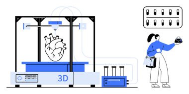 İnsan kalbi yaratan 3D yazıcı, ekipman ve test tüpleriyle bir modeli analiz eden bilim adamı. Biyoteknoloji, tıbbi yenilik, sağlık hizmetlerinde ilerleme, bilimsel araştırma, fütüristik