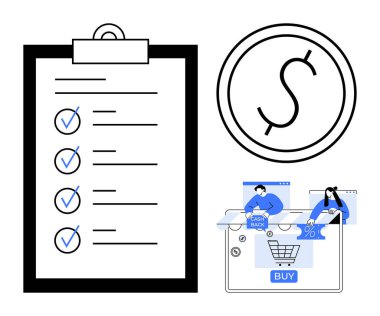 Çek listesi, dolar sembolü ve Buy düğmeli online alışveriş arabası. İş planlaması, finans, e-ticaret, bütçe, çevrimiçi alışveriş, pazarlama stratejisi müşteri teşvikleri için ideal