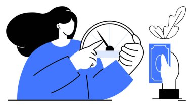 Kadın hız göstergesini gösteriyor, eli para tutuyor ve ekiyor. Finans, tasarruf, yatırım, büyüme, iş stratejisi, zaman yönetimi ekonomisi için ideal. Soyut çizgi düz metafor