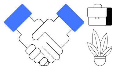 Anlaşmayı temsil eden mavi kollu iki kişi arasında tokalaşma. Yanında bir evrak çantası ve saksı bitkisi var. Profesyonel bir ortam olduğunu gösteriyor. Ortaklık, anlaşmalar, takım çalışması için ideal