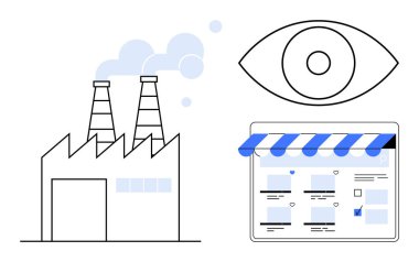 Duman yayan iki bacalı fabrika, yukarıda büyük göz sembolü, mavi tentenin altında web sayfası. E-ticaret, piyasa izleme, izleme, çevrimiçi iş, endüstri, web yönetimi için ideal