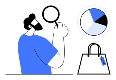 Adam pasta grafiği ve alışveriş çantasının yanında büyüteç tutuyor. Analiz, piyasa araştırması, veri analizi, perakende, alışveriş trendleri, iş stratejileri ve ekom için ideal. Soyut çizgi düz metafor