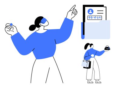 Teknolojik aktivitelere katılan kadınlar, biri verilere işaret eden, diğeri de teknoloji malzemeleri taşıyan, belgelerle dolu dosyalar. Teknoloji, veri yönetimi, teknoloji, yenilik ve işbirliği konuları için ideal