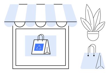 Mavi ve beyaz tenteli, geri dönüşümlü alışveriş torbaları ve saksı bitkisi olan bir dükkan. Sürdürülebilir alışveriş, çevre dostu iş, perakende satış, yeşil ürünler, geri dönüşüm, çevre koruma
