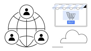 Birbirine bağlı kullanıcı ağı, bulut simgesi ve alışveriş arabası ve satın alma düğmesi olan çevrimiçi mağaza. Dijital pazarlama, e-ticaret, bulut hesaplama, küresel bağlantı, çevrimiçi işbirliği için ideal