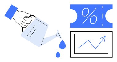 Konserve kutusundan su dökülmesi, filizlenen büyüme tablosu ve yatırım gelirlerini, tasarrufları simgeleyen indirimli bilet. Finans, yatırım, pazarlama, büyüme stratejileri ve tasarruf planları için ideal ekonomi