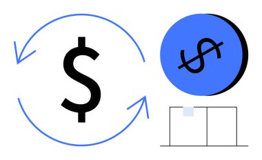 Bir dolar işaretini çevreleyen dairesel oklar, siyah dolar sembollü mavi para ve minimum grafik. Finans, yatırım, iş stratejisi, döviz kuru, tasarruf, ekonomi ve mali için ideal