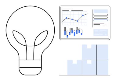Dijital analitik ekranın yanında büyük bir ampul ve mavi kutuların üzerinde grafikler var. Yenilik, veri analizi, organizasyon, iş planlaması, teknolojik çözümler, büyüme için ideal