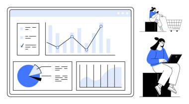 Dizüstü bilgisayar rakamları veri panelini grafikleri, grafikleri, turtası, çizelgesi ve çizgi grafiği ile analiz eder. İş analizleri, veri sunumu, çevrimiçi alışveriş, performans takibi pazar araştırması için ideal