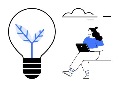 Bitkili ampul yeşil fikirleri sembolize eder. Mavi elbiseli kadın bulut altında dizüstü bilgisayar kullanıyor. Sürdürülebilirlik, yenilik, teknoloji, eğitim, çevre, uzak çalışma, yaratıcılık temaları için idealdir. Çizgi