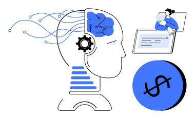 Mekanik elementleri ve beyin bağlantıları olan insan formu tabletteki insan, mavi çemberdeki dolar işareti. AI, teknoloji, finans, çevrimiçi öğrenme, dijital pazarlama, yenilikçi robotlar için ideal