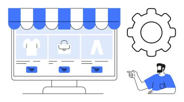 Mağaza vitrinli bilgisayar monitörü, alışveriş arabası simgeleri, vites kutusu ve adam gösteren adam. E- ticaret, otomasyon, teknoloji, iş akışı, çevrimiçi alışveriş dijital işlemleri için ideal