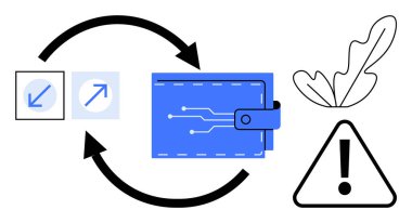 Devre tasarımlı dijital cüzdan. İşlemler için yukarı ve aşağı oklar, yaprak sembolü ve alarm üçgeni. Çevrimiçi finans, teknoloji, kripto para birimi, güvenlik ve ekolojik finans teknolojisi için ideal