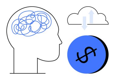 Karmaşık çizgilere sahip insan kafası ana hatları, veri transferini gösteren oklarla bulutun yanındaki karmaşık düşünceleri ve dolar işaretli mavi daireyi sembolize eder. Finans için ideal, zihinsel