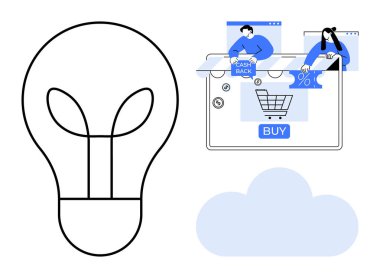 Satın alma düğmesi, nakit ödeme ve indirim görselleri ve insanların göz attığı online alışveriş illüstrasyonunun yanındaki ampul ana hatları. E-ticaret, yenilik, pazarlama, iş stratejisi ve teknoloji için ideal