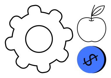 Vites, elma ve dolar işareti endüstri, sağlık ve ekonomi sinerjisini vurguluyor. Ticari büyüme, sağlık farkındalığı, finansal planlama, yenilikçilik üretkenlik ekonomik dengesi için ideal