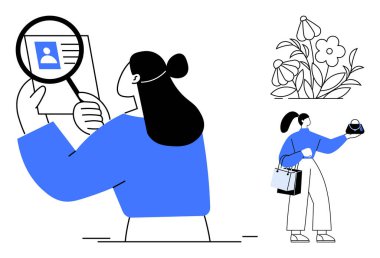 Kimlik kartında büyüteç olan bir kişi daha var. Yanında da alışveriş torbaları ve çiçekleri olan bir başkası. Kimlik doğrulama, alışveriş, tüketici davranışı, doğa, eğlence için ideal