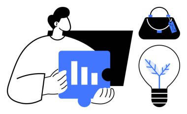 Elinde bir çubuk grafik bulmacası parçası tutan bir adam. Yanında fiyat etiketi ve ampulü olan bir çanta simgesi var. İş analizleri, perakende, yaratıcılık, problem çözme, pazarlama, yenilik için ideal