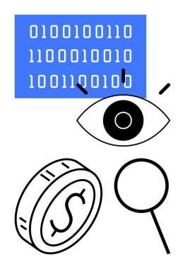 İkili kod bloğu, odak çizgileri olan göz büyüteç ve dolar parası. Siber güvenlik, veri analizi, finans teknisyeni, çevrimiçi mahremiyet, dijital adli tıp şifrelemesi için ideal.