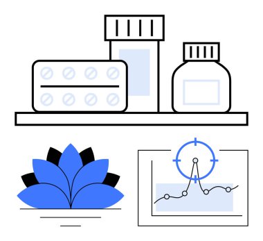 Rafta ilaç şişeleri ve haplar çiçek açan nilüfer çiçekleri sağlığı simgeliyor ve odak noktası olan trend veri tablosu. Sağlık, sağlık, tıp, kişisel bakım, yaşam tarzı ve analitik için ideal