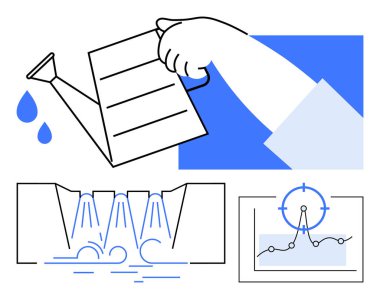 Elle sulanan su, çağlayan nehirler baraja dökülüyor, hedef noktalı analiz çizelgesi. Büyüme, strateji, planlama, sürdürülebilirlik, analiz, yatırım soyut çizgisi için ideal