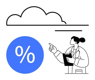 Laboratuvar önlüğü ve steteskop giymiş bir tıp uzmanı yüzde sembollü bulutu işaret ediyor. Tıbbi istatistik, sağlık veri analizi, sağlık hizmetlerinde bulut hesaplaması ve tıbbi araştırma için ideal