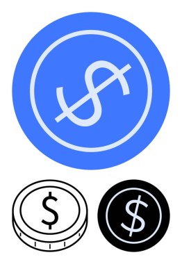 Siyah ve beyaz sikke simgeleriyle mavi bir dairede dolar işareti. Finans, bankacılık, para tasarrufu, yatırım, işlemler, küresel ekonomi, iş kavramları, soyut düz metafor için ideal