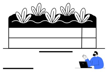 Diz üstü bilgisayarı olan, doğa ve teknolojiyi harmanlayan sağlıklı bitkilerle dolu çatı bahçesi. Sürdürülebilirlik, kentsel tarım, çevre dostu yaşam, yenilik, uzaktan çalışma, bahçıvanlık için ideal