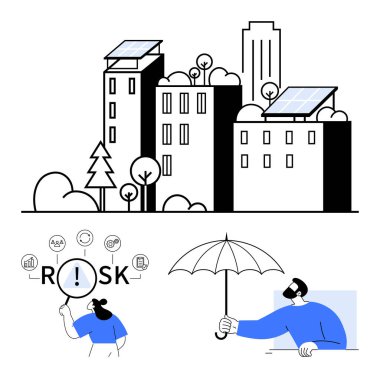 Ağaçlarla çevrili modern binalar risk verilerini analiz eden bir kişi, şemsiye tutan bir başkası. Sürdürülebilirlik, risk yönetimi, yeşil enerji, kentsel planlama, güvenlik için ideal