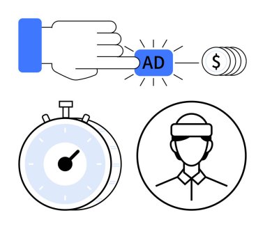 Dijital reklam, zaman yönetimi için kronometre, kullanıcı kulaklığı ve para. Dijital pazarlama, PPC kampanyaları, zaman verimliliği, sanal gerçeklik, reklam eğilimleri kullanıcısı için ideal