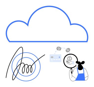 Bulut çizgisi, elektronik imza, bozuk paralı kredi kartı, güvenliği inceleyen büyüteçli insan. Fintech, dijital işlemler, veri güvenliği, bulut hizmetleri, dijital için ideal