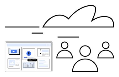 Bulutlar dijital gösterge panelinin üzerinde süzülüyor. Haritalar ve medya gösteriliyor. Takım işbirliğini simgeleyen üç kullanıcı. Bulut teknolojisi, takım çalışması, veri yönetimi, dijital platformlar ve uzak çalışma için ideal